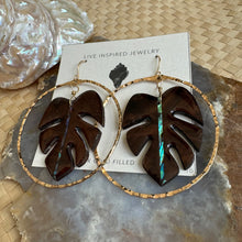 Load image into Gallery viewer, Monstera hoops (abalone/brown burl wood)
