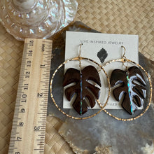 Load image into Gallery viewer, Monstera hoops (abalone/brown burl wood)
