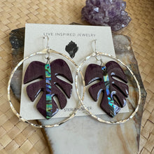 Load image into Gallery viewer, Monstera hoops (abalone/purple wood)
