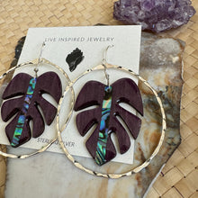 Load image into Gallery viewer, Monstera hoops (abalone/purple wood)
